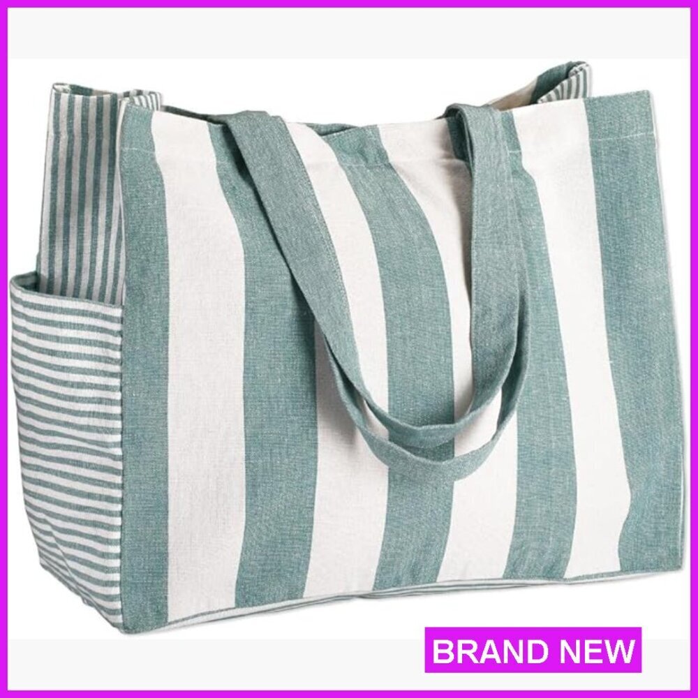 Large Cotton Tote Bag with Zipper Pocket Foldable Travel Beach Essential